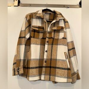 Women's Plaid Utility Jacket in Brown and Cream